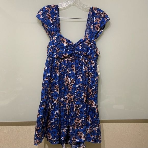 Free People; Blue Pattern Play Linen Floral ;Ruffle Mini Dress; Size  Small,. - Picture 6 of 9